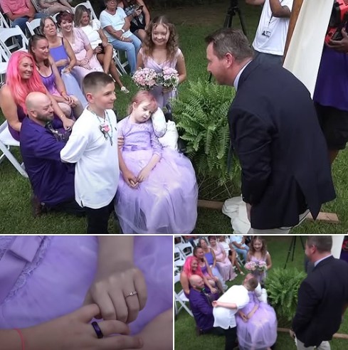 Brave little girl wheeled down the aisle by dad to marry school sweetheart days before passing away