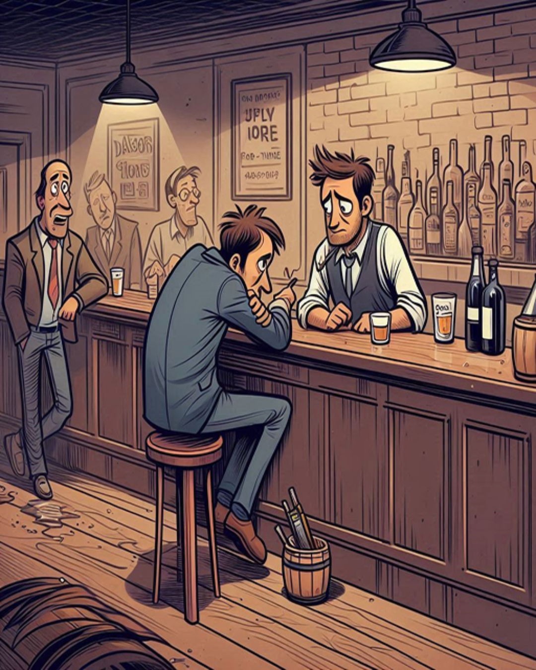 A depressed man walks into a bar and sits down. He looks at the bartender and says, “Give me six double brandies.”