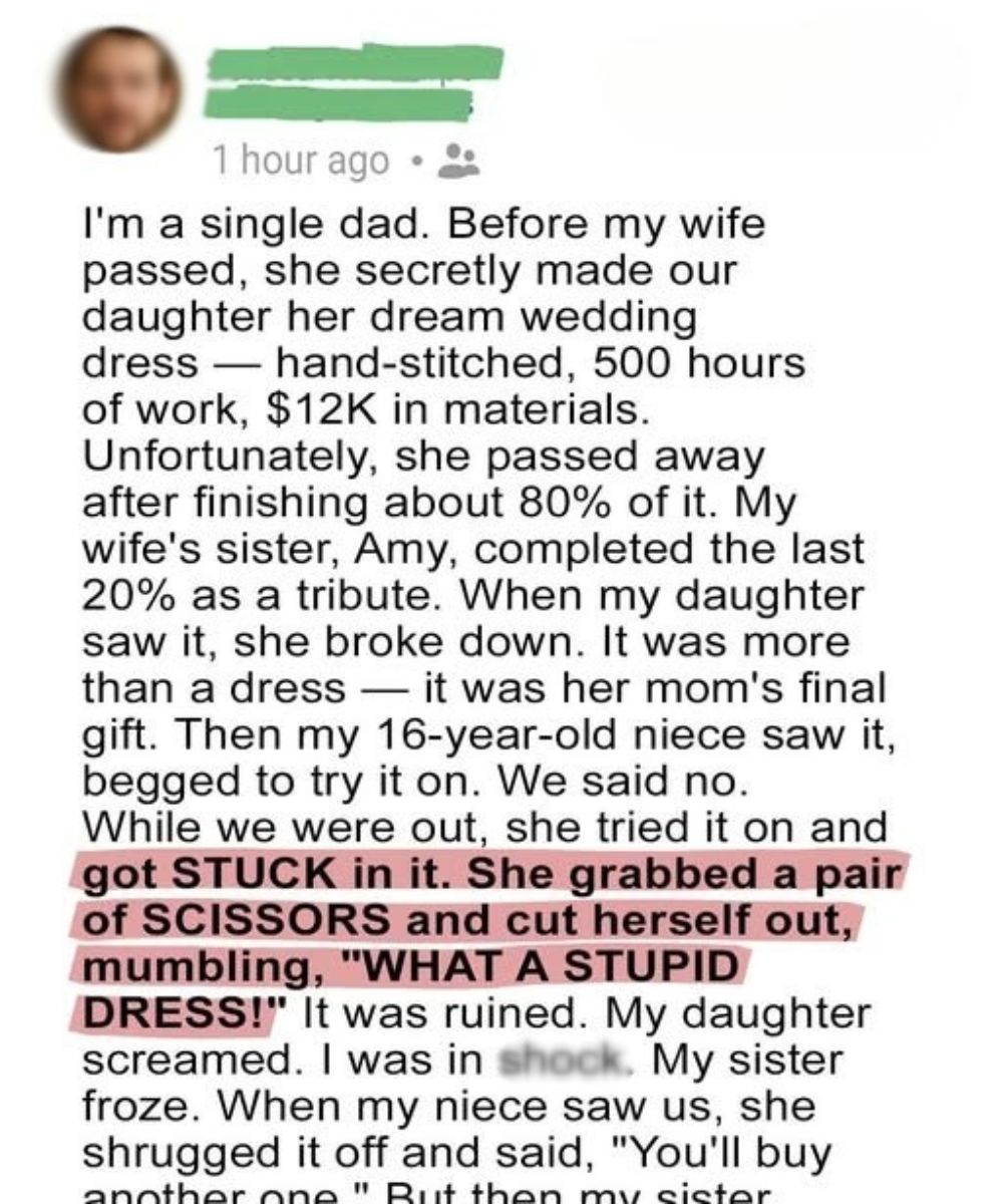 The Dress My Wife Made While Dying Was Destr0yed—And My Niece Paid the Price
