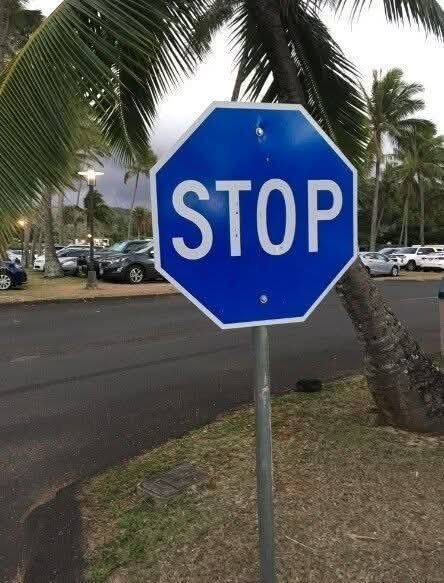 We came across this BLUE stop sign yesterday. Our neighbor told us that, apparently, because it’s blue, it means something else. What does a blue stop sign mean? Check the comments!