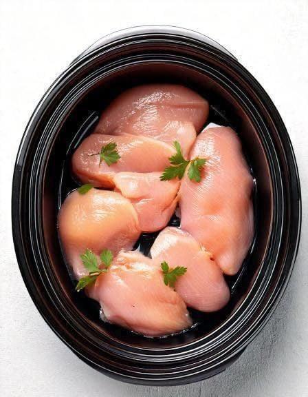 Put raw chicken breasts in a slow cooker with these 4 ingredients. It’s pure magic.