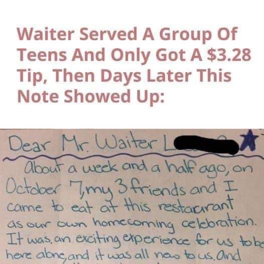$3,28 tip irritates the waiter, When an unexpected letter arrives days later, eyes widen