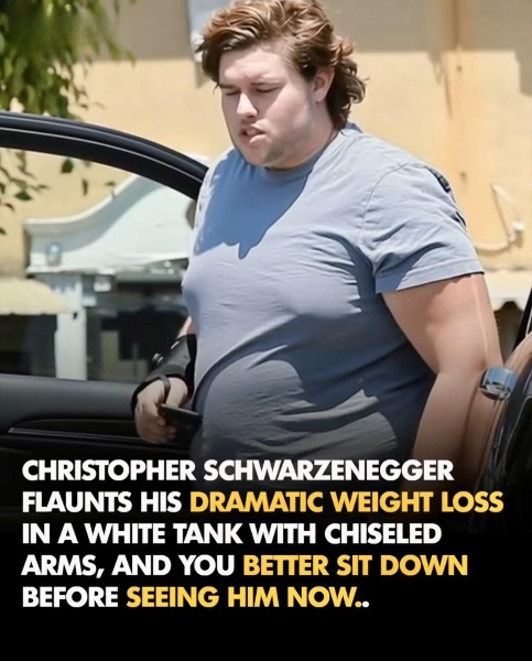Christopher Schwarzenegger stuns fans with a dramatic transformation, flaunting his toned arms in a white tank.